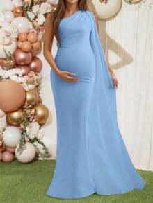 Blue Asymmetric One-Shoulder Sleeveless Elastic Knit Maternity Mermaid Maxi Dress, Elegant Fitted Flared Hem Long Dress Suitable For Maternity Photography, Baby Shower, Wedding Guest, Formal Occasions Spring - 藍色 - 查看 2