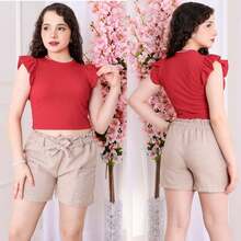 Children's And Teen Set: Cropped Blouse With Ruffles And Ribbed Detail + Linen Clochard Shorts. 2-Piece Set For Girls And Teenagers CJI033 - 黑色與黑色 - 查看 2