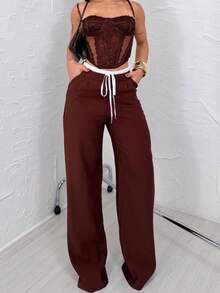 Women's Two-Tone Wide-Leg Pants With Double Waistband, Stylish And Casual - Rỉ Nâu - Xem 2