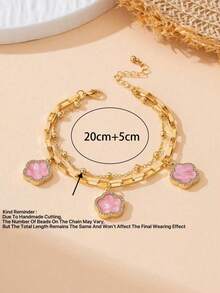 1 pieza Estilo de vacaciones de verano dulce y fresco Colgante de trébol rosa brillante Tobillera de doble capa, adecuada para la playa, los viajes, la ropa de noche (la cantidad de cuentas puede variar debido al corte hecho a mano, longitud fija) - Rosa - Ver 6