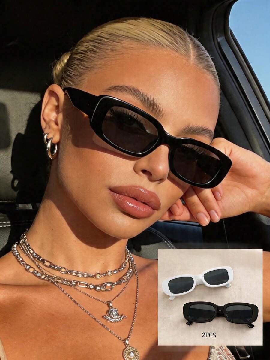 2pcs Women's Square Plastic Frame Colorful Fashion Personalized Eyeglasses Set, Suitable For Holidays, Daily Life, Beach Travel, Outdoor Activities, Driving And Other Occasions - 2pcs 黑白組合 - 查看 1