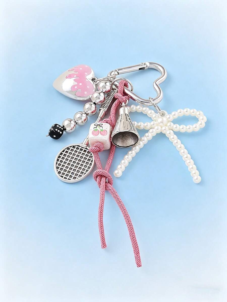 1pc Y2K Style Cute Pink & White Bag Charm, Faux Pearl Bow, Resin Heart, Feather Badminton Racket Pendant, Alloy Heart Carabiner, Suitable For Students, Women, Daily Commute, Key Chain Accessory Festival Graduation Teacher Appreciation Gifts Birthday Gift Mother Gifts Mothers Day Gift Holiday Essentials Graduation Gifts Key Ring Charms KeyChain Accessories - Multicolor - View 1