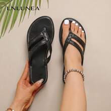 Casual Woven Pattern Flip Flops, Fashionable Criss-Cross Flat Sandals, Versatile Summer Beach Thong Slippers - Black - View 10