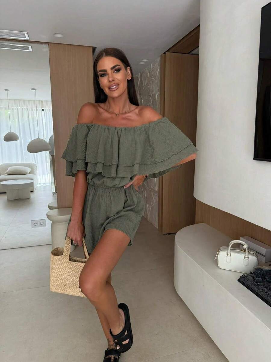 Mono corto informal con volantes y hombros descubiertos para mujer, ideal para el verano, uso diario y salidas a la playa - verde - Ver 1