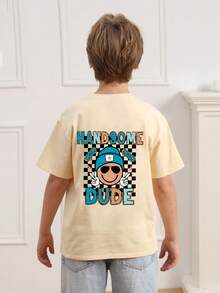 Tween Boy Casual Graphic Print Crew Neck Short Sleeve T-Shirt, Summer Top - Apricot - View 3