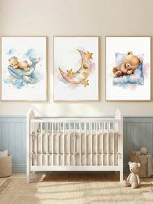 Tranh canvas treo tường (1 tấm), trang trí phòng trẻ sơ sinh, tranh chủ đề gấu cho phòng bé, hình gấu bông ngủ và cá voi, mặt trăng và sao, trang trí phòng trẻ sơ sinh, tranh gấu mộng mơ, tranh phong cách Boho mây sao trời cho phòng bé, trang trí tường phòng ngủ trẻ em, tranh trang trí tường phòng chơi. - Nhiều màu - Xem 1