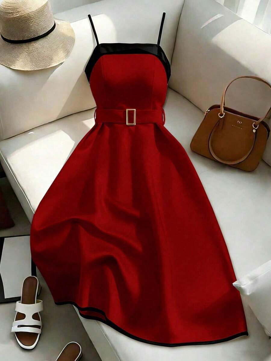 Vestido corto negro y blanco para mujer, conjunto elegante de primavera/verano para mujer, ropa de mujer, vestido formal de alta calidad para mujer - Rojo y negro - Ver 1