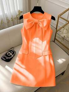 Vestido mini elegante sin mangas con cuello redondo, lazo en la cintura y lazada para mujer - Naranja - Ver 1