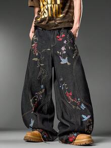 日系复古街头风男士黑色牛仔裤，饰有个性化多色刺绣，时尚百搭茧型阔腿裤，四季皆宜（不含腰带及配饰） - 黑色 - 查看 7