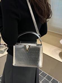 2026夏季新款亮面迷你方形手提包，波浪纹理托特单肩包，女士款，优质面料 - 銀色 - 查看 4