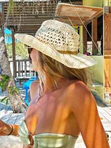 1pc Vintage Hollow Wide Brim Straw Hat, Retro Western Cowboy Beach Hat, Suitable For Spring/Summer Outdoor Travel, Vacation, Beach, Handwoven Breathable UV Protection Western Cowboy Panama Straw Hat, Unisex - Màu Khaki - Xem 3