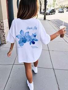 Playera minimalista moderna1 pieza Camiseta oversize para niñas - Lavable a máquina, Camiseta con estampado de flores de hibisco, Adecuada para viajes y vacaciones de niños, Verano, Ropa de niñas - Blanco 2 - Ver 8