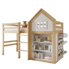 Lit mezzanine enfant avec rangements et tiroirs, marches robustes, barrière de  , pin + MDF + contreplaqué, blanc + naturel, 90 x 200 cm - Couleur naturelle - Voir 1