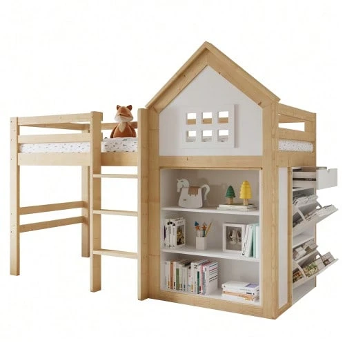Lit mezzanine enfant avec rangements et tiroirs, marches robustes, barrière de  , pin + MDF + contreplaqué, blanc + naturel, 90 x 200 cm - Couleur naturelle - Voir 1