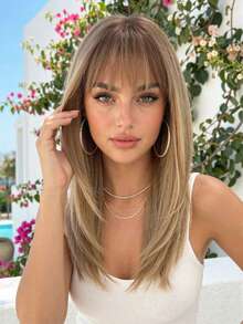 Mid-Length Straight Wig With Fringe Synthetic Wig For Women Chic All Matched With Heat-Resistant For Daily Party Cosplay - Brown Ombre - View 2