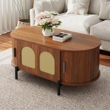 Oval Rattan Coffee Table With Sliding Doors, Wood-Look Finish, Metal Legs, Multifunctional Living Room Table With Storage Space - 卡其色 - 查看 5