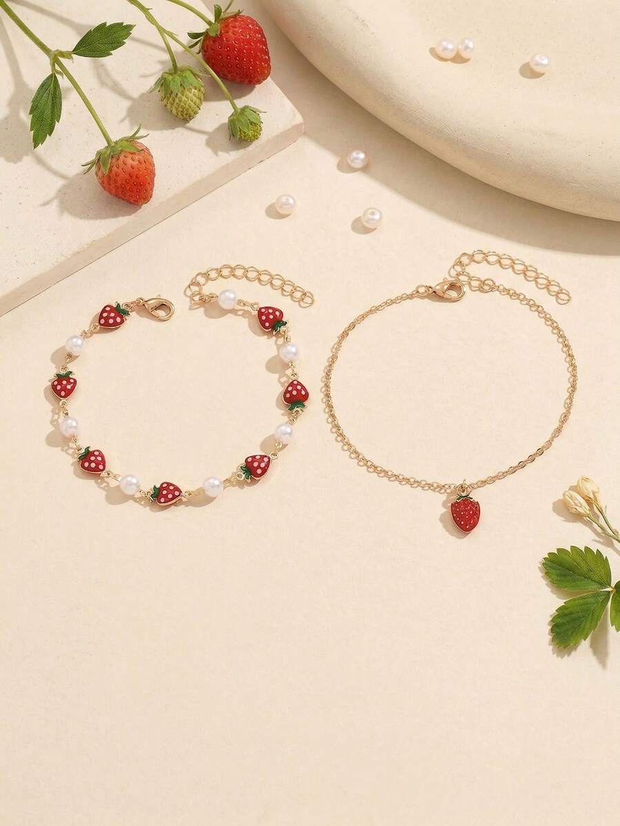 2 pièces Ensemble de chaîne de cheville décorative avec pendentif fraise faux perle minimaliste et mignon. Convient pour les femmes, la plage, les vacances, le port quotidien, un excellent choix de cadeau - Multicolore - Voir 1