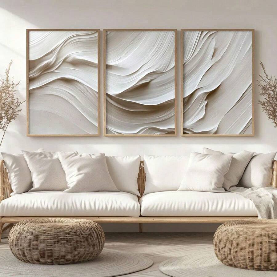 3 piezas Pinturas de arte de pared minimalistas en tonos beige suaves, Impresión abstracta ondulada en beige, Póster de pinceladas, Decoración de pared moderna, Pintura en lienzo, Adecuado para sala de estar, dormitorio, cocina, oficina en casa, cafetería, bar, dormitorio, pasillo, decoración del hogar y la habitación, marco no incluido - Beis - Ver 1
