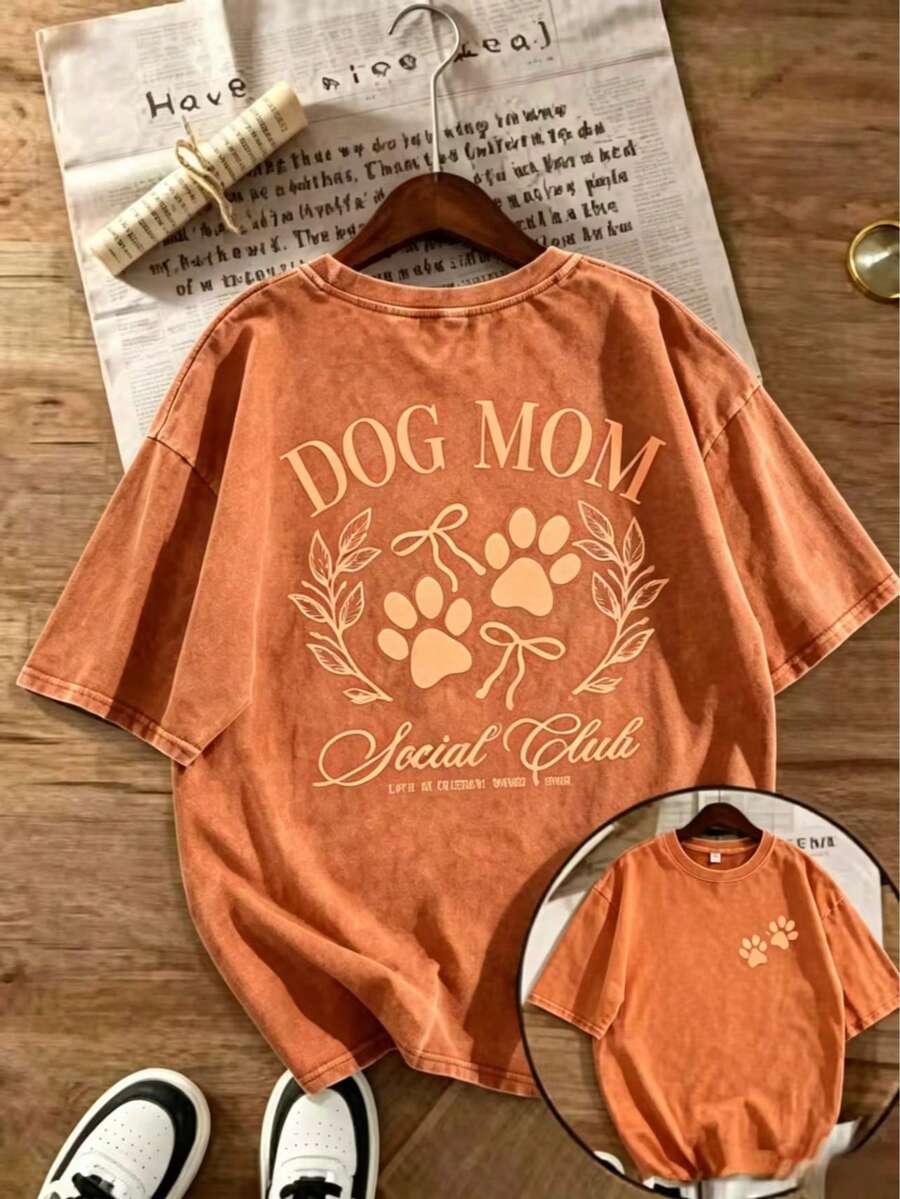 1pcs Women's Vintage Washed Soft Anime & Dog Mom Graphic T-Shirt,Paw Print & Social Lettering, Pet Lover Top-Back To School Shirt - 橘色 - 查看 1