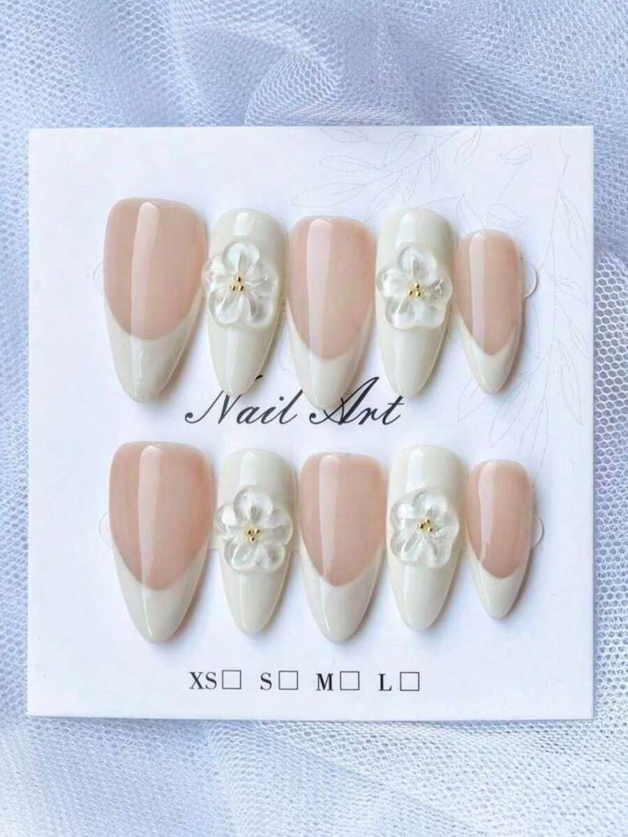 10 móng giả thủ công màu trắng, kiểu Pháp, họa tiết hoa 3D, màu nude tinh tế, dễ thương, đơn giản, thời trang cao cấp. - trắng - Xem 1
