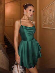 Charm Vestido de satén dorado con espalda descubierta y drapeado, ropa de calle, atuendos de club para mujeres, vestido de invitada de boda, atuendos para citas nocturnas, atuendos de cumpleaños, vestido de otoño e invierno, vestido de Halloween, imprescindible para fiestas, vestido con brillo - Verde Oscuro - Ver 1