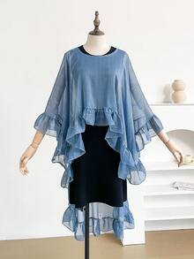1 pieza Diseño minimalista de unicolor Chal de cuello redondo con volantes de hilo plateado, chal ligero y versátil de gasa asimétrico de moda para mujer, multifuncional para protección solar de verano, accesorios, vacaciones - Azul - Ver 2