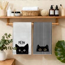 2 buah Handuk Dapur Mikrofiber Super Lembut Motif Kucing Hitam & Garis-garis Lucu, Ukuran Persegi Panjang 40*60cm, Kain Lap Piring, Handuk Tangan, Dekorasi Dapur & Rumah, Hadiah Pindah Rumah, Cocok Untuk Dapur Dan Kamar Mandi, Sangat Cocok Untuk Ibu Rumah Tangga Dan Pertemuan Keluarga, Perlengkapan Rumah Tangga Berkualitas Tinggi dan Hemat Biaya - Hitam dan Putih - View 9