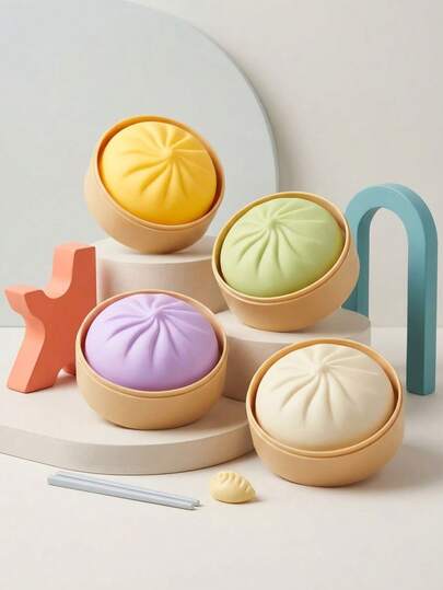 POKOJA LAND Stress Relief Squishable Bun Toy, 6cm Realistic Steamed Bun With Bamboo Steamer, Funny Gag Gift, Decoration, Squeeze Toy