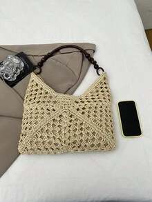 1个米色春季新款大容量尼龙钩编镂空手提包,女士单肩包 - 米色 - 查看 4