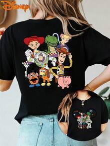 Authentic Disney Women's Summer Clothing Disney Toy Story Cartoon Character Pattern Colorful Cotton Women's T-Shirt Top Summer New Short Sleeve T-Shirt Women's Casual Fashion Printed T-Shirt Elegant Women's T-Shirt, Suitable For Gifts, Daily Casual Wear, And Travel - 黑色 - 查看 1