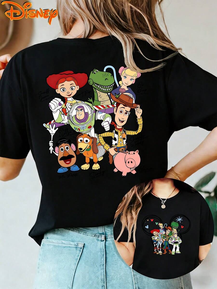 Authentic Disney Women's Summer Clothing Disney Toy Story Cartoon Character Pattern Colorful Cotton Women's T-Shirt Top Summer New Short Sleeve T-Shirt Women's Casual Fashion Printed T-Shirt Elegant Women's T-Shirt, Suitable For Gifts, Daily Casual Wear, And Travel - 黑色 - 查看 1