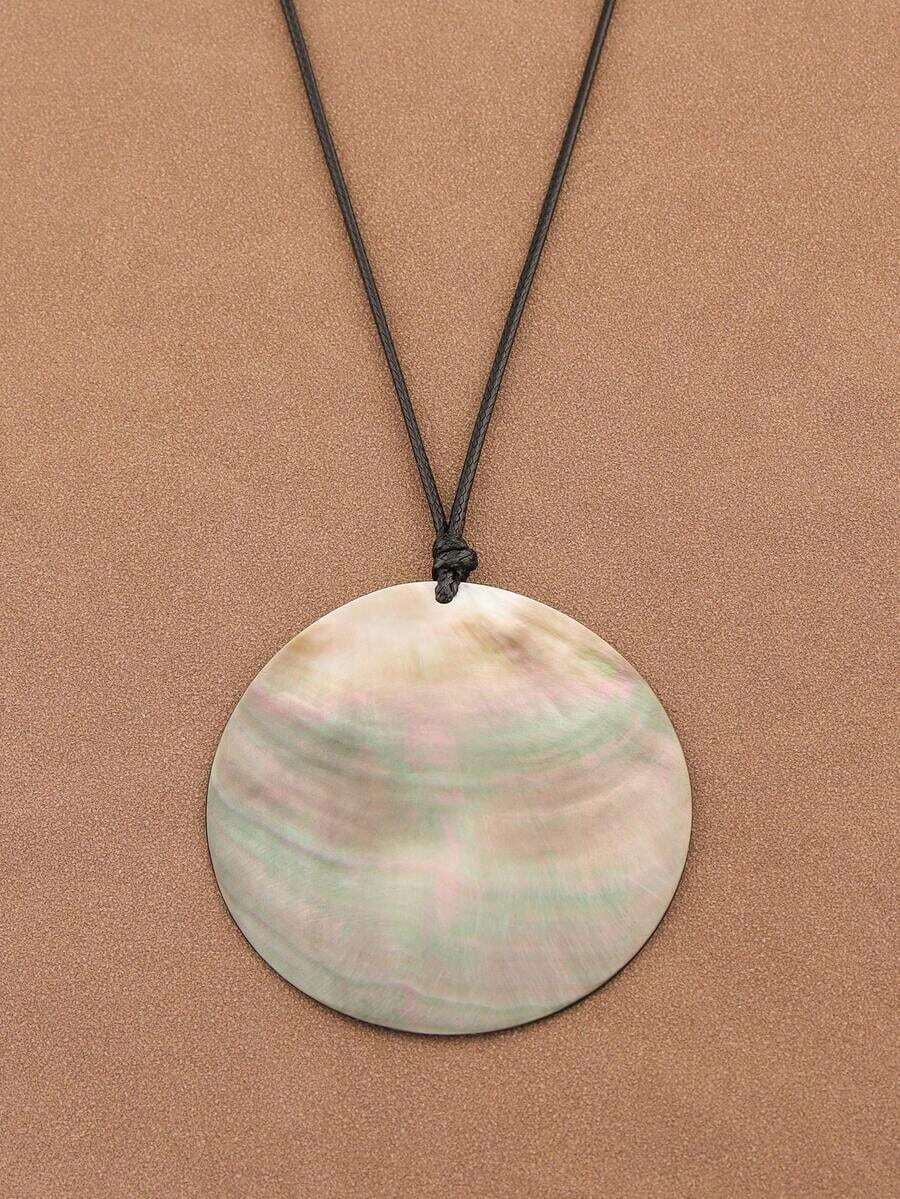 1pc Fashionable Large Natural Seashell Round Pendant Wax Rope Necklace, Suitable For Women's Daily Wear - một kích cỡ - Xem 1