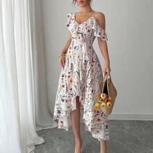 Women's Asymmetric Ruffle Hem Floral Print Elegant Vacation Dress - verde menta - Ver 7