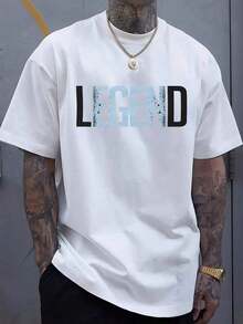 Men's Legend Graphic Print Cotton T-Shirt - White T-Shirt With Bold BLUE Letter Print, Breathable Tee For Everyday Wear, Casual Outfits, Holidays And Year-Round Wear - Machine Washable Men's Clothing, Regular Fit, Holiday Wear, Short Sleeve T-Shirt, Soft Fabric - 白色 - 查看 7
