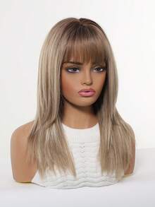 Mid-Length Straight Wig With Fringe Synthetic Wig For Women Chic All Matched With Heat-Resistant For Daily Party Cosplay - Brown Ombre - View 6