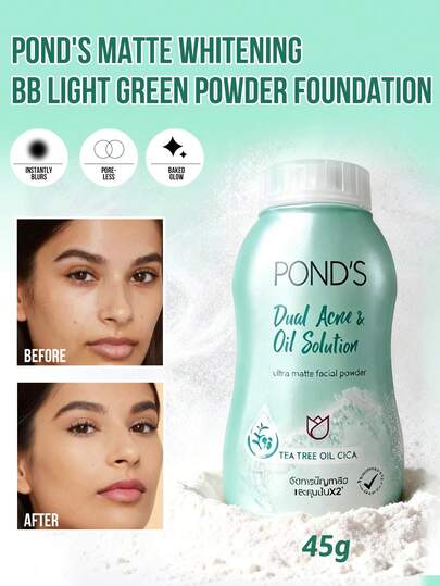 Pond's 旁氏绿色哑光美白BB霜，全天候控油遮瑕，持久妆效，极致哑光妆感，质地细腻透气，清爽控油，高吸收性，无添加配方，轻盈柔滑，适合问题肌肤，持久妆效，适合油性痘痘肌，日常使用。