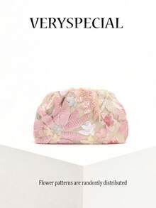1pc Colorful PVC Sequin Flower Pattern Linen Base Mesh Embroidery Ruffle Cloud Clutch Bag, Shiny Sparkly Evening Bag For Casual, Holiday, Party Use (Flower Sequin Pattern Randomly Sent) - Baby Pink - View 9