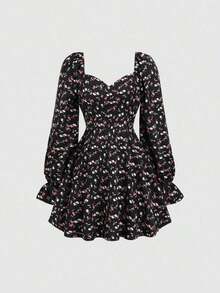 Vestido De Cuello De Novia Y Manga Larga Con Volantes Para Mujer - Negro - Ver 11