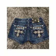 Women's  Sexy Denim Shorts, Retro Intersection Bag Design, Embroidery Details, Low-Rise Tailoring, Highlighting The Hips, Perfect Harajiku Style - 藍色 - 查看 10