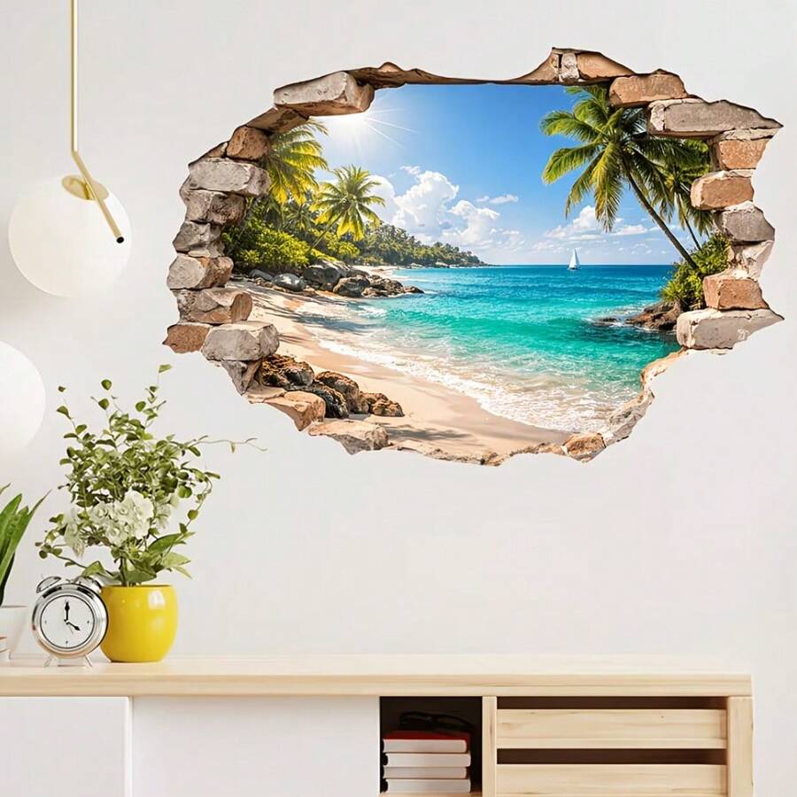 1/2pcs 3D Visual Effect Tropical Beach Coconut Tree Wall Sticker, Removable Self-Adhesive Waterproof PVC Seascape Sticker, Suitable For Living Room, Bedroom, Bathroom, And Home Decoration. - Wall Stickers - View 1