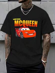 1pc, Disney Men's T-Shirt, Double Print Design Cars Lightning McQueen Cartoon Print, Crew Neck Casual Comfortable Short Sleeve T-Shirt, Breathable And Light, Suitable For Sports And Leisure Wear, Loose T-Shirt, Suitable For Gifts, Suitable For Travel - màu đen - Xem 2