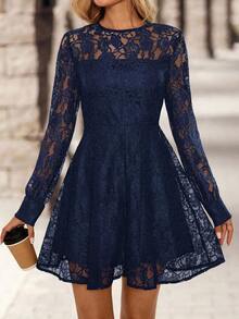 Vestido corto elegante de manga larga con cuello redondo y encaje floral para mujer - Azul marino - Ver 4