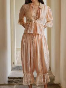 Women Y2K Half Slip Under Dress Pettipants Mid Rise Lace Patchwork Bloomers Trousers Ruffle Pantaloons Cropped Flared Pants Cute Pumpkin Long Pants - 香檳色 - 查看 2