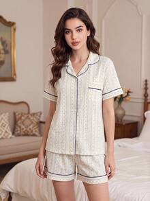 2pcs Women's Pajama Set, Blue Cord Ditsy Floral Pattern, Single-Breasted, Shorts & Short Sleeve Top, Loose, Sleepwear For Home Use - Apricot - View 3
