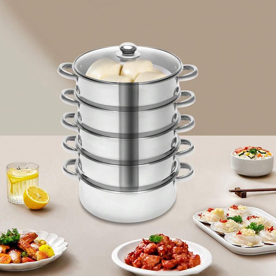 RainWeel 5 Tiers Stainless Steel Steamer Pot, Food G-Rade Polished Stainless Steel Steamer Cooker, Multipurpose Steam Cookware Steaming Pot Versatile Steamer For Healthy Cooking, Durable Large Capacity Steam Pot Cookware, Exhaust Hole, For Steaming And Cooking Fish, Shrimp, Crab, Rice, Vegetables, 26cm