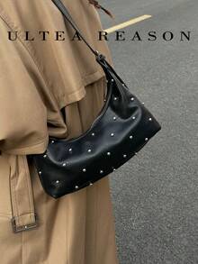 Bolso bandolera de PU con decoración de remaches, correa de hombro ajustable con cierre de cremallera, versátil para universidad, ir al trabajo, compras, paseos, uso diario - Negro - Ver 2