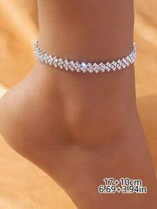 2pcs Luxury Heart Metal Inlaid CZ Silver Anklet Set, Suitable For Women's Daily Wear And Dating - Silver - View 5