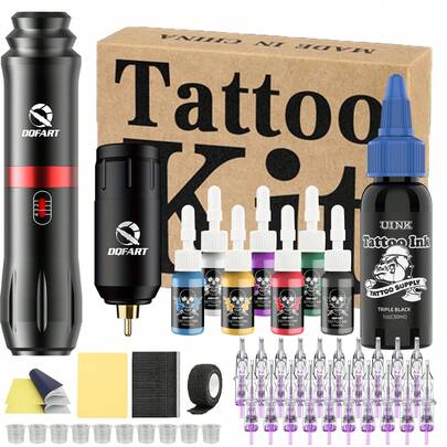 DQFART Tattoo Kit For Beginners - Wireless Tattoo Gun (1200mAh Battery), Tattoo Pen Machine, Cartridge Needles, Including Liners, Rounds, Black Ink And Colored Ink Set, Complete Tattoo Tool Kit