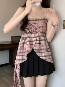 Áo hai dây cổ điển họa tiết kẻ caro vạt bất đối xứng - Hồng - Xem 11