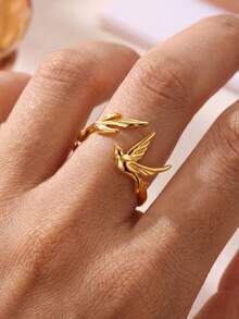 1Pc Dainty Swallow Bird & Leaf Rings For Women, Open Adjustable Stainless Steel Ring, Gold Ring, Nature Inspired Design Jewelry For Women, Birthday Gift, Fashion Accessories For Her - Multicolor - View 3